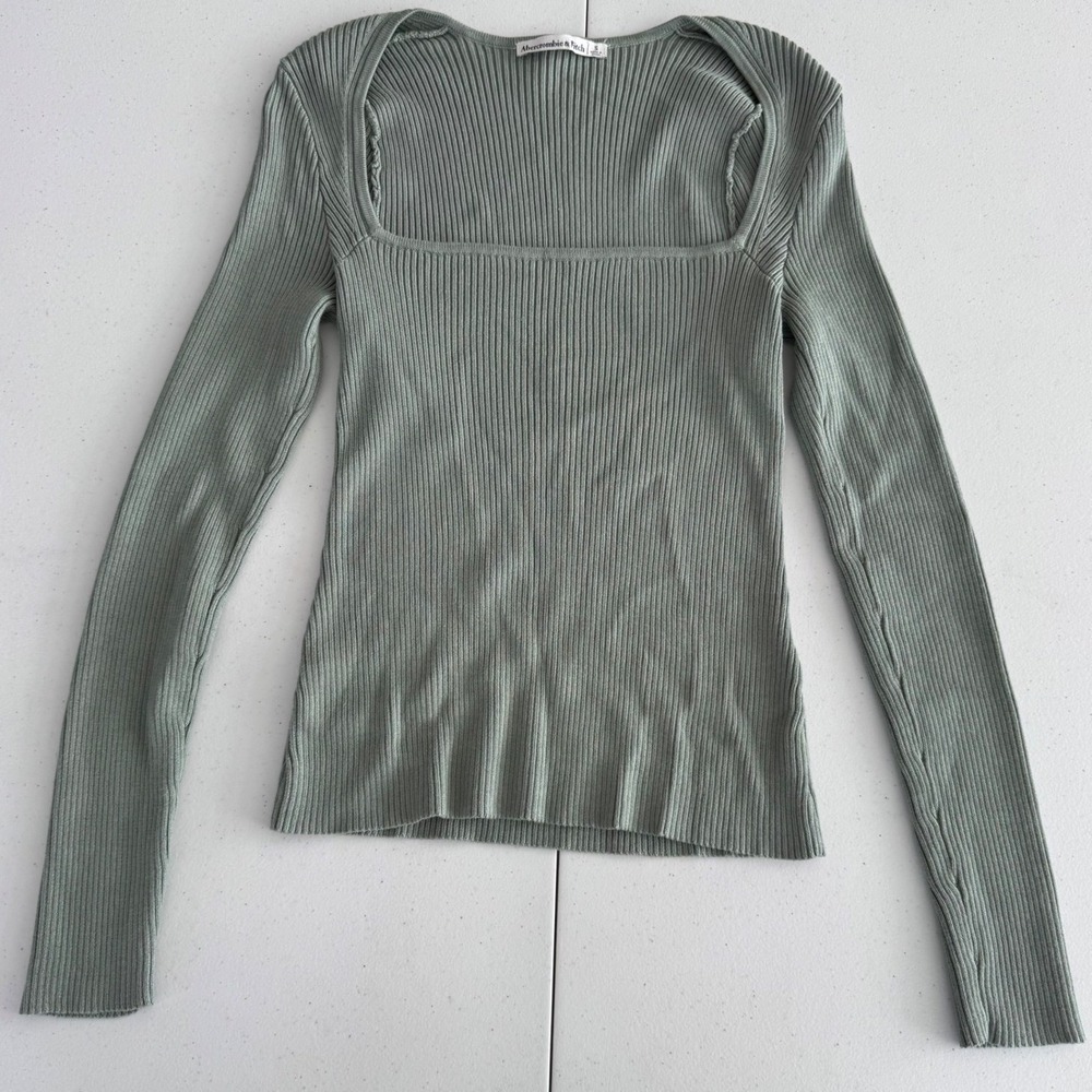Abercrombie & Fitch Sage Green Square Neck Ribbed Long Sleeve‎ Top Small Preppy